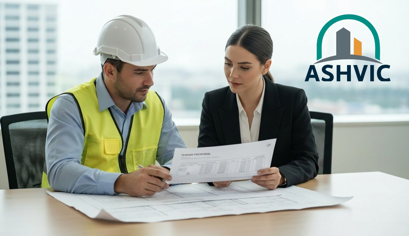 Two construction professionals reviewing blueprints in an office with Ashvic branding and tendering guidance